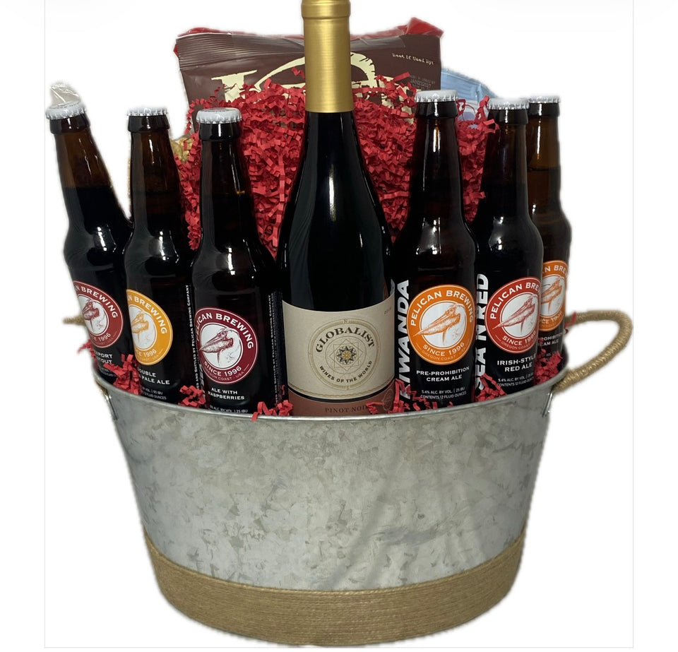Metal container with Pinot Noir, beer and local snacks