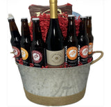 Metal container with Pinot Noir, beer and local snacks
