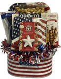Gift basket with American flag design containing snacks and treats.
