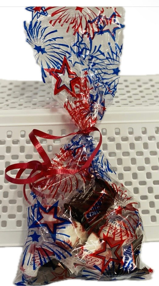 Candy bag with red, white, and blue design on a white background