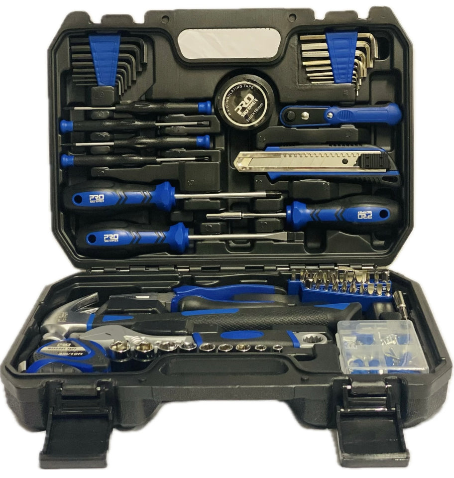 A comprehensive screwdriver and tool set organized inside an open black plastic carrying case. The set includes various screwdrivers with blue and black handles, Allen wrenches, a utility knife, a hammer, a wire cutter, and other hand tools, all presented on a clean white background.