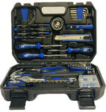 A comprehensive screwdriver and tool set organized inside an open black plastic carrying case. The set includes various screwdrivers with blue and black handles, Allen wrenches, a utility knife, a hammer, a wire cutter, and other hand tools, all presented on a clean white background.